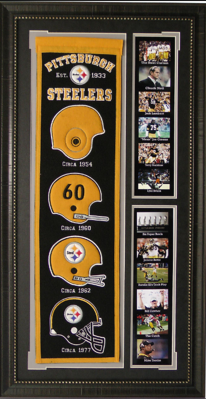 Pittsburgh Steelers Team Logos on Felt Banner Framed Art 19" X 38.5" Player Photo Collage