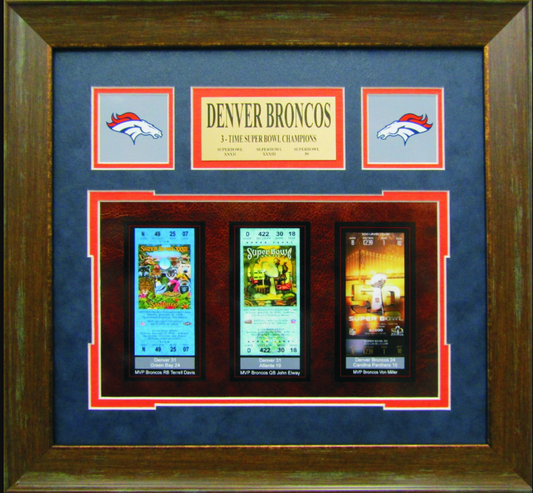 Denver Broncos 3-Time Super Bowl Champions Framed Art 16" x 17" Replica Super Bowl Ticket Collage