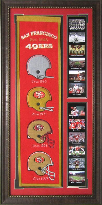 San Francisco 49ers Team Logos on Felt Banner Framed Art 19" X 38.5" Player Photo Collage