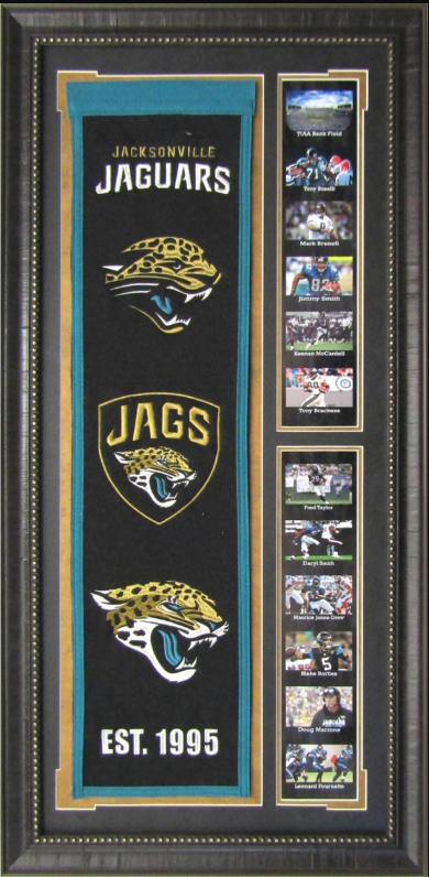 Jacksonville Jaguars Team Logos on Felt Banner Framed Art 19" X 38.5" Player Photo Collage