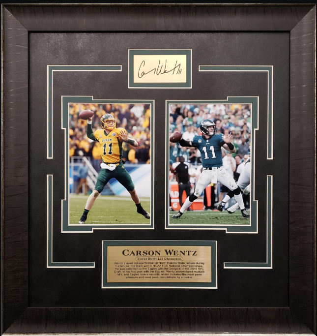 Carson Wentz North Dakota State Bison Philadelphia Eagles Framed Art 17.75" x 18" 2-Photograph Collage with Facsimile Autographed Plate