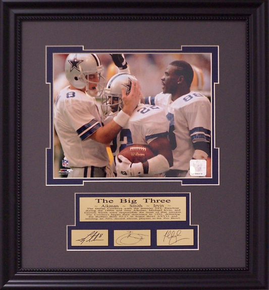 The Big Three Dallas Cowboys Troy Aikman Emmitt Smith Michael Irvin Framed Art 16" x 17.5" Photograph with Facsimile Autographed Plates