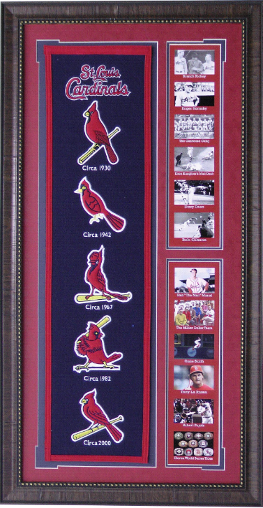 St. Louis Cardinals Team Logos on Felt Banner Framed Art 19" X 38.5" Player Photo Collage