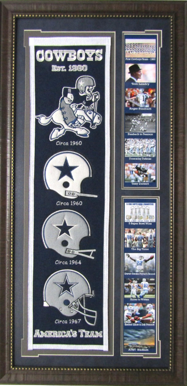 Dallas Cowboys Team Logos on Felt Banner Framed Art 19" X 38.5" Player Photo Collage