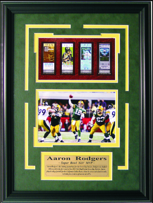 Aaron Rodgers Green Bay Packers Framed Art 14.5" x 19" Photograph with Replica Super Bowl Ticket Collage