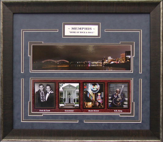 City of Memphis Elvis Johnny Cash Graceland Beale Street B.B. King Framed Art 13" x 19.5" 5-Photo Collage