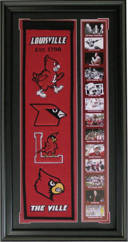 Louisville Cardinals Team Logos on Felt Banner Framed Art 19" X 38.5" Player Photo Collage