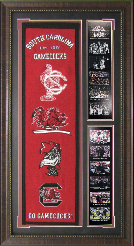 South Carolina Gamecocks Team Logos on Felt Banner Framed Art 19" X 38.5" Player Photo Collage