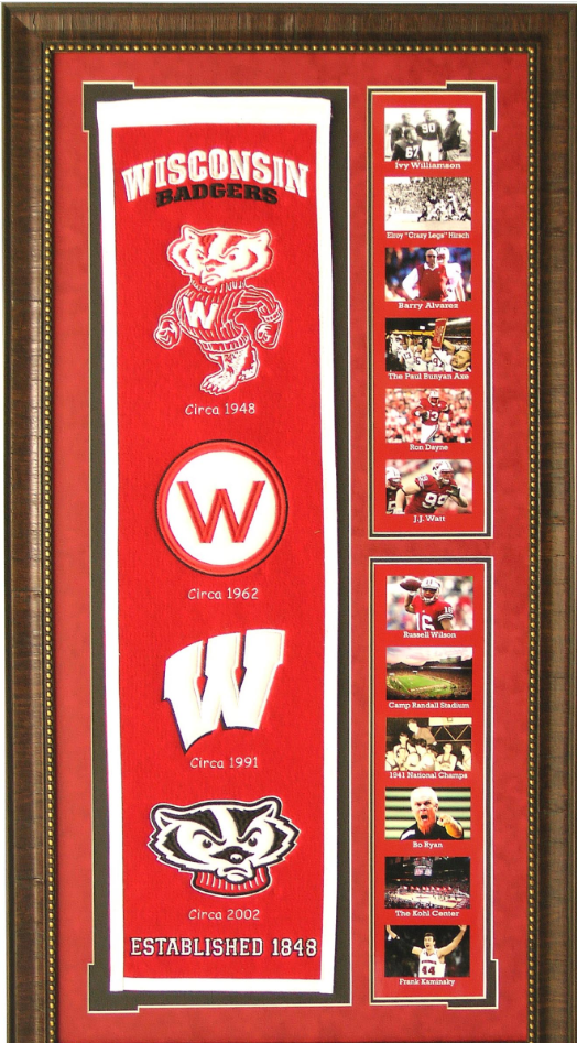 Wisconsin Badgers Team Logos on Felt Banner Framed Art 19" X 38.5" Player Photo Collage