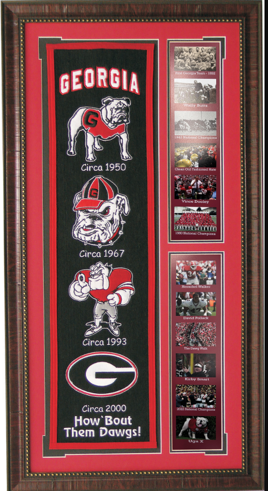 Georgia Bulldogs Team Logos on Felt Banner Framed Art 19" X 38.5" Player Photo Collage