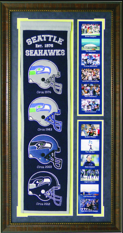 Seattle Seahawks Team Logos on Felt Banner Framed Art 19" X 38.5" Player Photo Collage