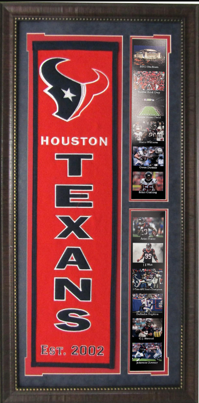 Houston Texans Team Logos on Felt Banner Framed Art 19" X 38.5" Player Photo Collage