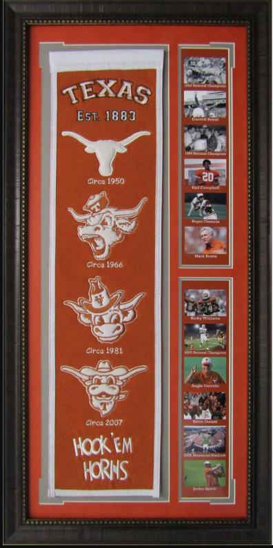 Texas Longhorns Team Logos on Felt Banner Framed Art 19" X 38.5" Player Photo Collage