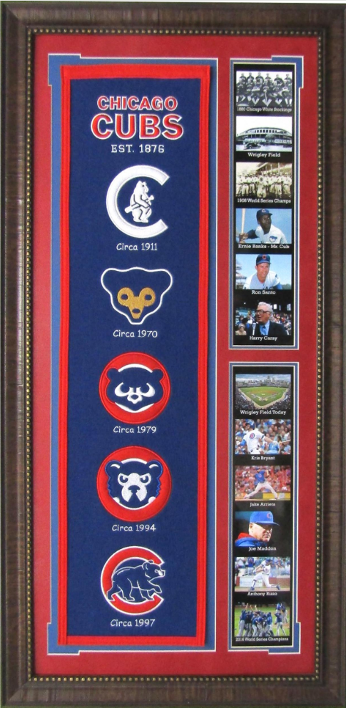 Chicago Cubs Team Logos on Felt Banner Framed Art 19" X 38.5" Player Photo Collage