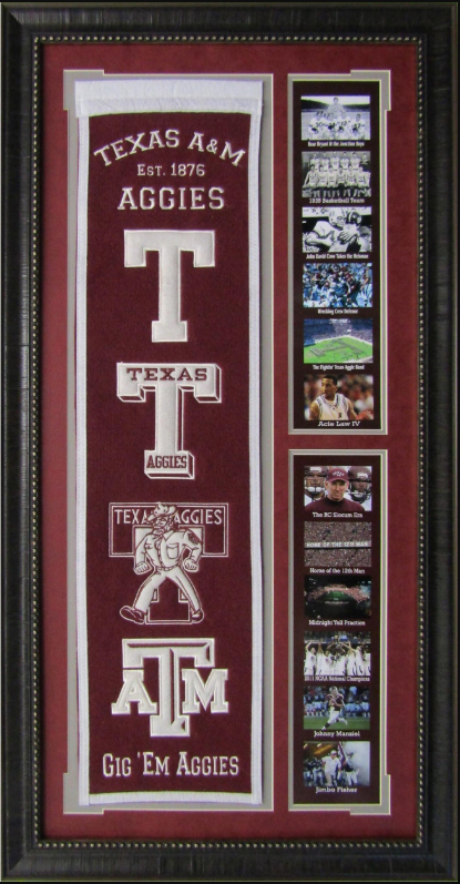 Texas A&M Aggies Team Logos on Felt Banner Framed Art 19" X 38.5" Player Photo Collage