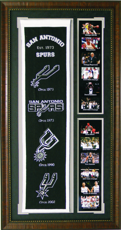 San Antonio Spurs Team Logos on Felt Banner Framed Art 19" X 38.5" Player Photo Collage