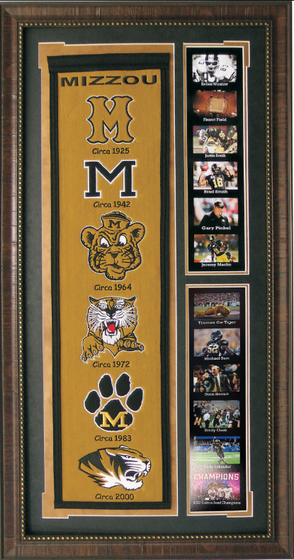 Missouri Tigers Team Logos on Felt Banner Framed Art 19" X 38.5" Player Photo Collage