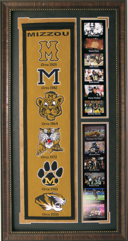 Missouri Tigers Team Logos on Felt Banner Framed Art 19" X 38.5" Player Photo Collage