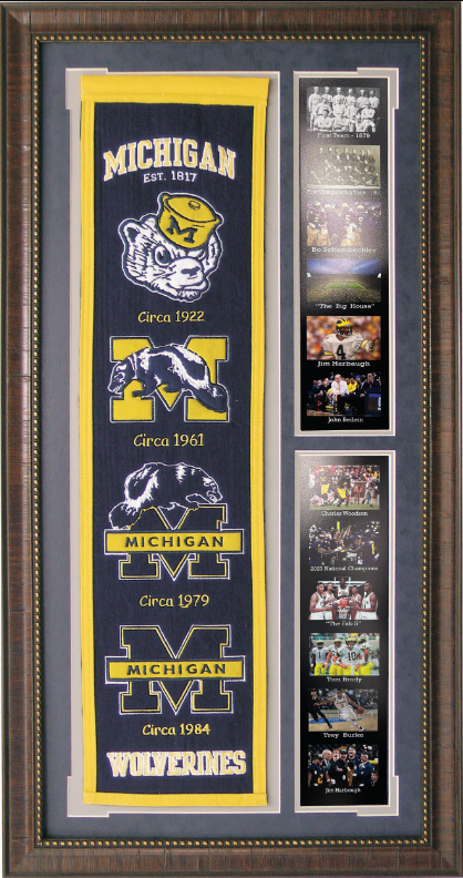 Michigan Wolverines Team Logos on Felt Banner Framed Art 19" X 38.5" Player Photo Collage