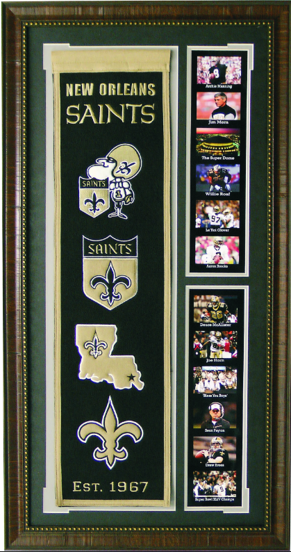 New Orleans Saints Team Logos on Felt Banner Framed Art 19" X 38.5" Player Photo Collage