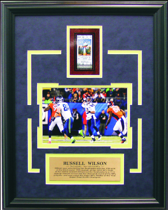 Russell Wilson Seattle Seahawks Framed Art 15" x 18" Photograph with Replica Super Bowl XLVIII Ticket