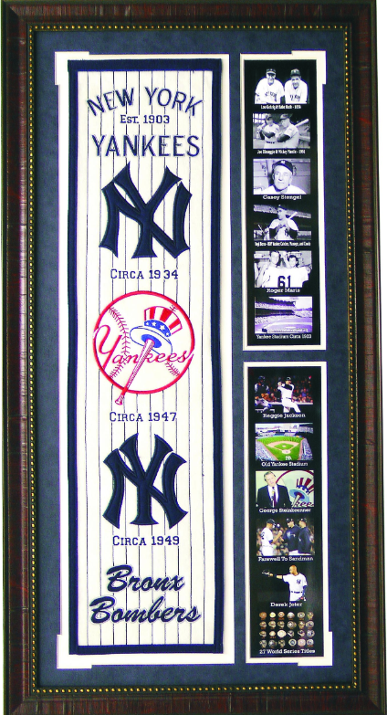 New York Yankees Team Logos on Felt Banner Framed Art 19" X 38.5" Player Photo Collage