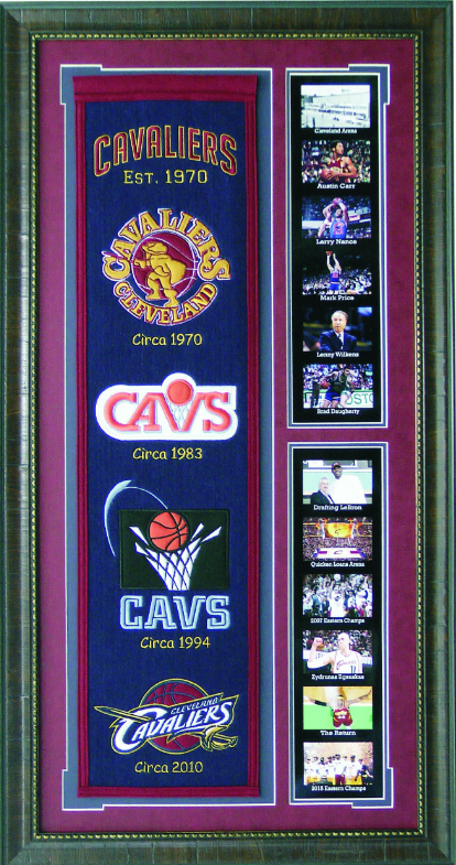 Cleveland Cavaliers Team Logos on Felt Banner Framed Art 19" X 38.5" Player Photo Collage