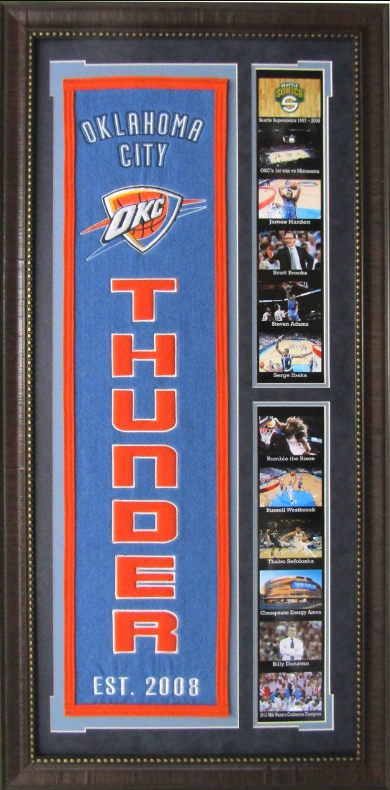 Oklahoma City Thunder Team Logo on Felt Banner Framed Art 19" X 38.5" Player Photo Collage