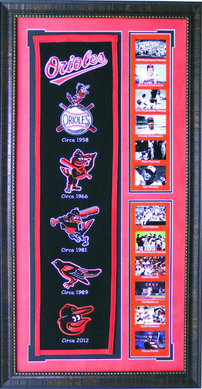 Baltimore Orioles Team Logos on Felt Banner Framed Art 19" X 38.5" Player Photo Collage