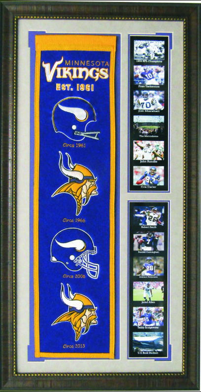 Minnesota Vikings Team Logos on Felt Banner Framed Art 19" X 38.5" Player Photo Collage