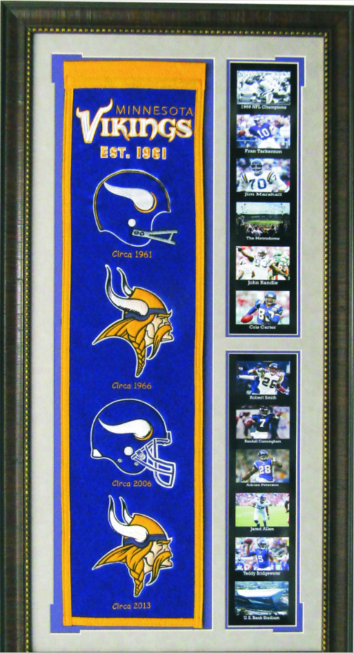 Minnesota Vikings Team Logos on Felt Banner Framed Art 19" X 38.5" Player Photo Collage