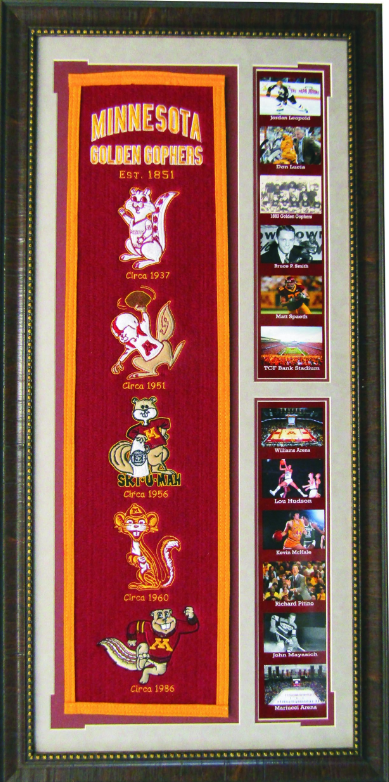 Minnesota Golden Gophers Team Logos on Felt Banner Framed Art 19" X 38.5" Player Photo Collage