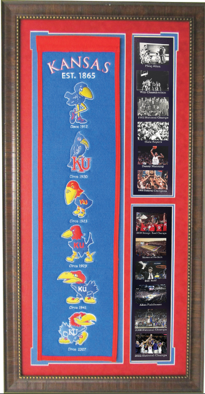 Kansas Jayhawks Team Logos on Felt Banner Framed Art 19" X 38.5" Player Photo Collage