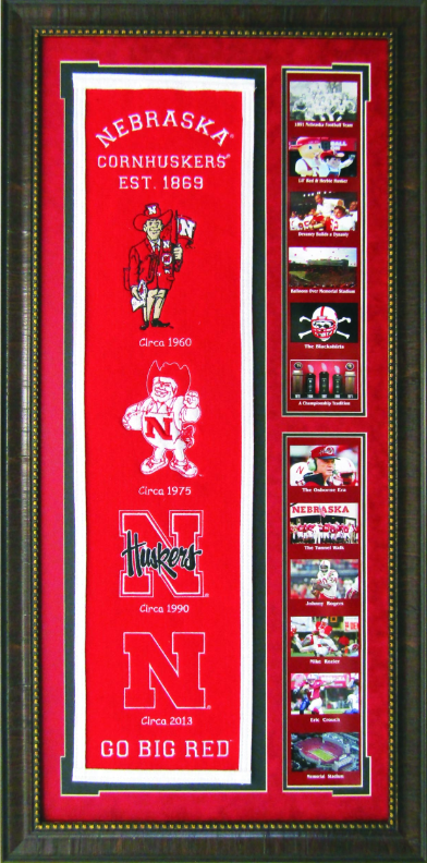 Nebraska Cornhuskers Team Logos on Felt Banner Framed Art 19" X 38.5" Player Photo Collage