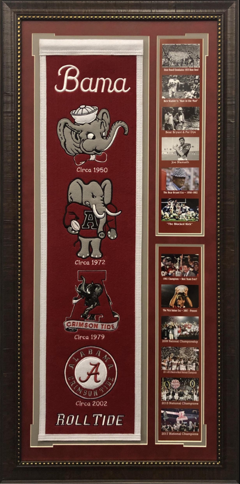 Alabama Crimson Tide Team Logos on Felt Banner Framed Art 19" X 38.5" Player Photo Collage