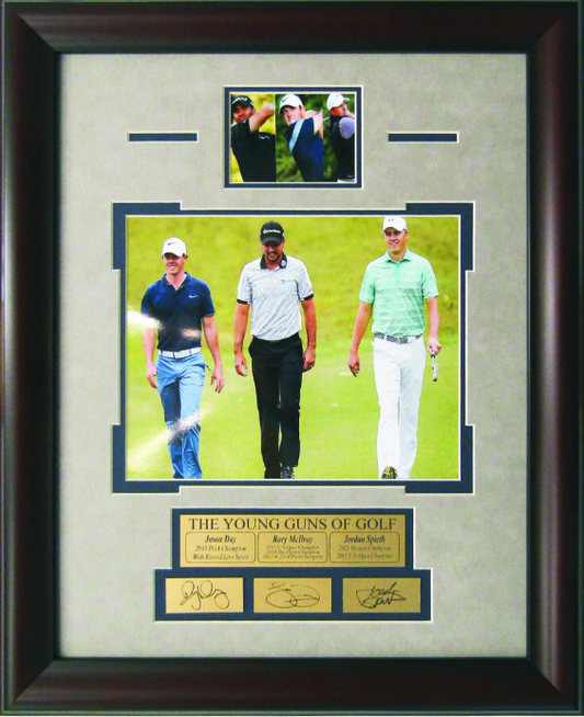 Young Guns of Golf Jason Day Rory Mcllroy Jordan Spieth 17" x 21" Photograph Framed Art with Facsimile Autographed Plates