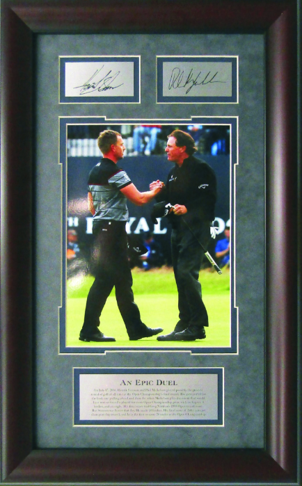 An Epic Duel Henrik Stenson & Phil Mickelson 2016 British Open Framed Art 13.5" x 21.5" Photograph with Facsimile Autographed Plates