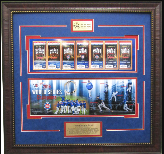 Cubs Win! Chicago Cubs 2016 World Series Champions Framed Art 19" x 23" Player Photo Collage & Replica World Series Tickets