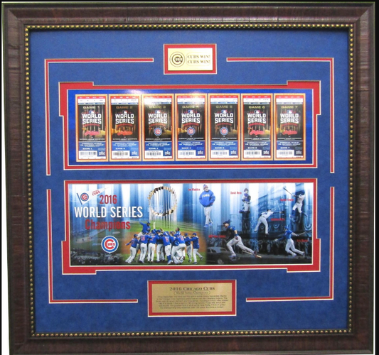 Cubs Win! Chicago Cubs 2016 World Series Champions Framed Art 19" x 23" Player Photo Collage & Replica World Series Tickets