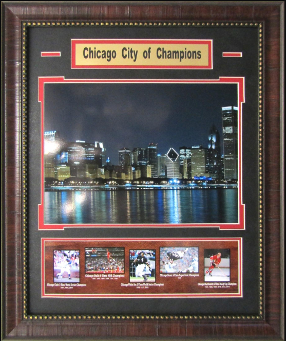 Chicago City of Champions - Cubs, Bulls, White Sox, Bear & Blackhawks - 19" x 23" Framed 6-Photograph Collage