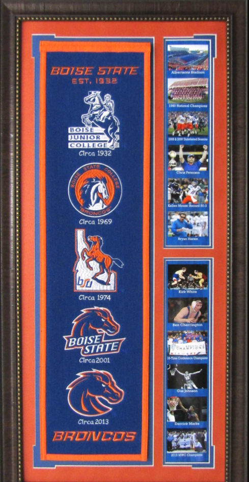 Boise State Broncos Team Logos on Felt Banner Framed Art 19" X 38.5" Player Photo Collage