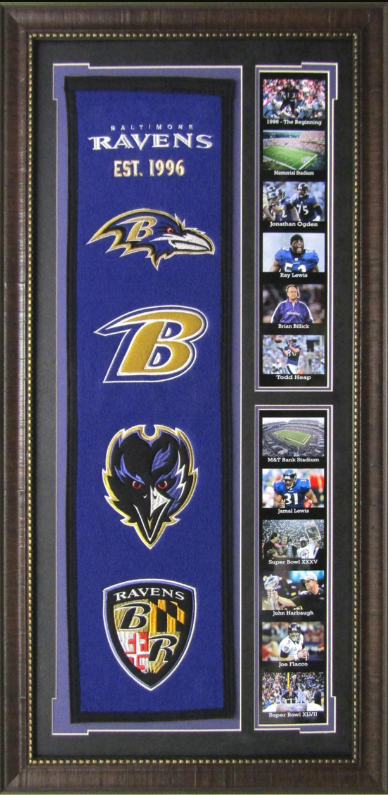 Baltimore Ravens Team Logos on Felt Banner Framed Art 19" X 38.5" Player Photo Collage