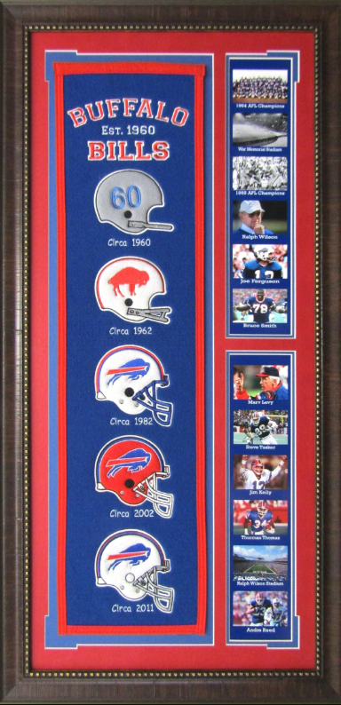 Buffalo Bills Team Logos on Felt Banner Framed Art 19" X 38.5" Player Photo Collage