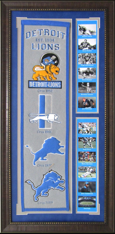 Detroit Lions Team Logos on Felt Banner Framed Art 19" X 38.5" Player Photo Collage