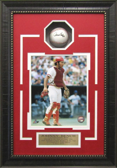 Johnny Bench Cincinnati Reds Framed Shadow Box Art 16" x 24" Photograph & Replica Signed Ball