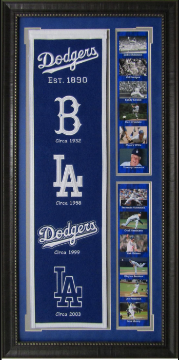 Los Angeles Dodgers Team Logos on Felt Banner Framed Art 19" X 38.5" Player Photo Collage