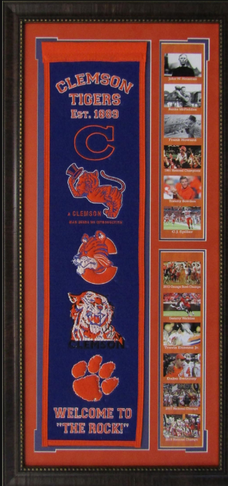 Clemson Tigers Team Logos on Felt Banner Framed Art 19" X 38.5" Player Photo Collage