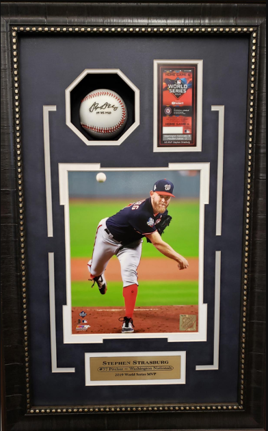 Stephen Strasburg Washington Nationals 2019 World Series MVP Framed Shadow Box Art 16.25" x 24.75" Photograph, Replica Signed Ball & Replica Ticket