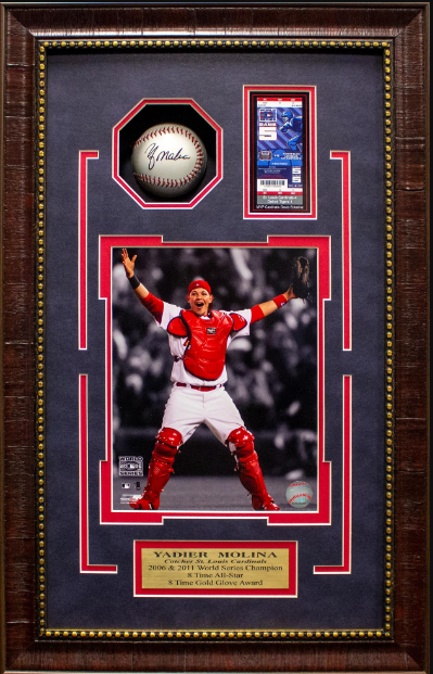 Yadier Molina St. Louis Cardinals Framed Shadow Box Art 19" x 23" Photograph, Replica Signed Ball & Replica World Series Ticket