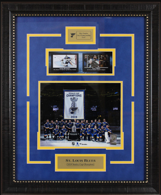 St. Louis Blues 2019 Stanley Club Champions Framed Art 23" x 19" Team Photo with Trophy Collage